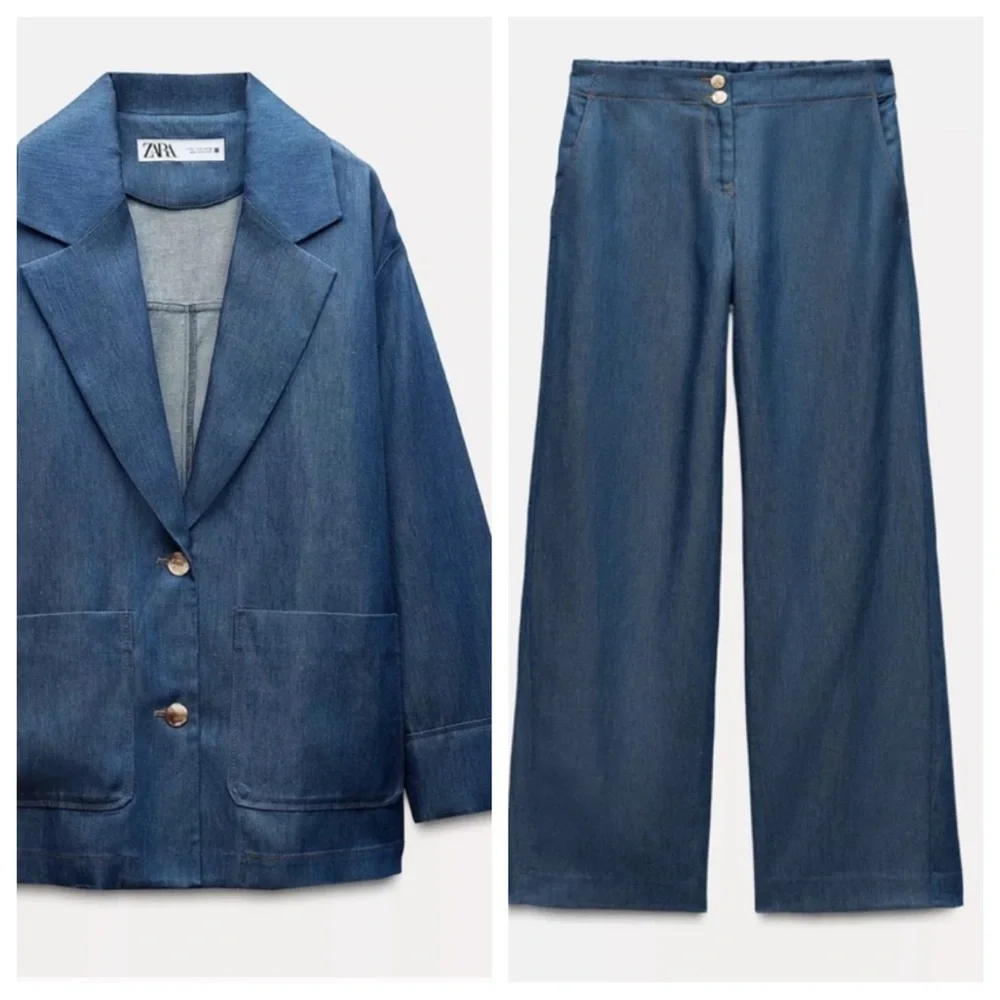 NWT! ZARA DENIM EFFECT OVERSIZED BLAZER and WIDE LEG PANTS INDIGO